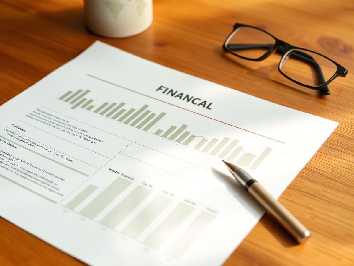 Printed monthly financial report with charts on a wooden desk