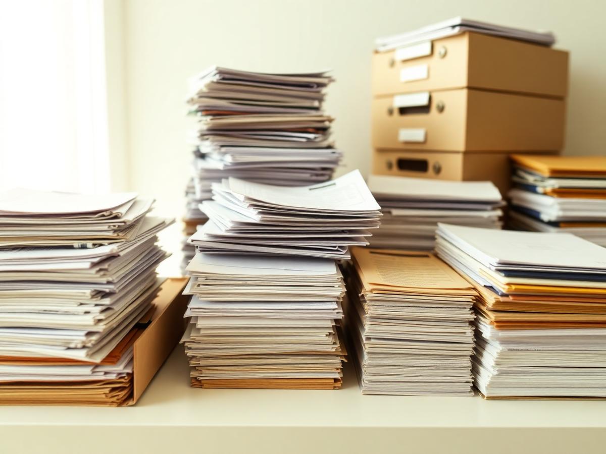 Stacks of paperwork and file boxes waiting to be organized
