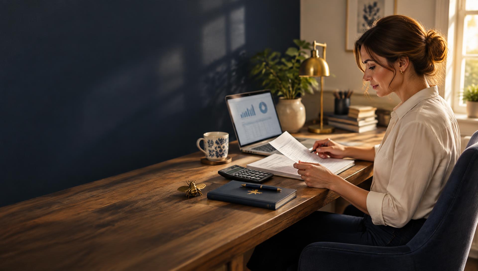 Bookkeeper reviewing financial records in a warm, organized office